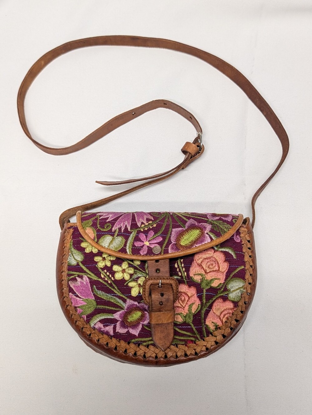 Vintage Handmade Guatemalan Leather & Huipil Embroidered Floral Crossbody Bag